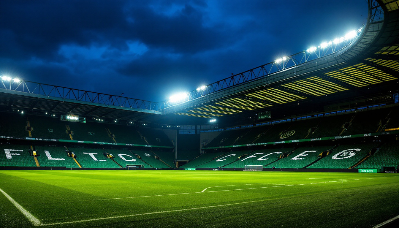Empty Celtic Park under night floodlights with green pitch and empty stands